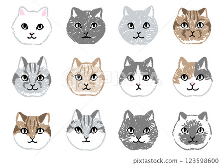一組手繪各種圖案的貓臉圖示插圖 123598600