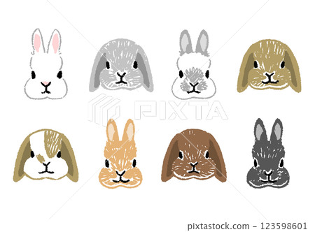 A set of hand-drawn icon illustrations of rabbit faces with various patterns 123598601