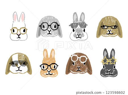 Hand-drawn icon illustration set of various rabbit faces wearing glasses 123598602