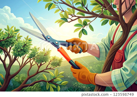 Landscaping gardening.Trimming with scissors secateurs extra branches tree Landscaping gardening.Trimming with scissors secateurs extra branches tree 123598749