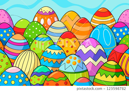 Bouquet of colorful painted Easter eggs on pink 123598782