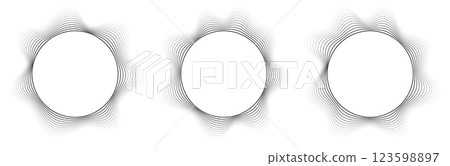 Round sound wave frames, circular lines pattern, radial curvy shapes, geometric concentric design. 123598897