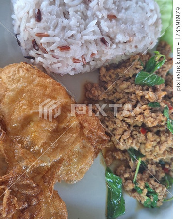 Stir-fry basil with minced pork. Stir-fry basil with minced pork. 123598979