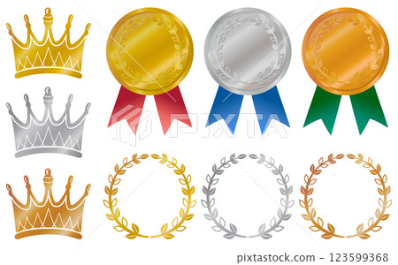 Vector illustration of a gold medal and crown 123599368