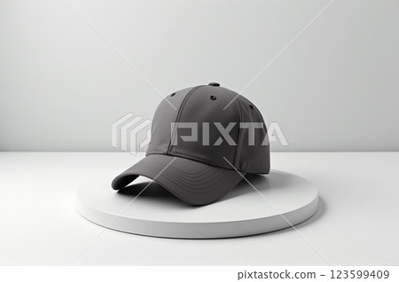 Stylish black baseball cap on minimalist white platform for product mockup and design display. AI generation 123599409