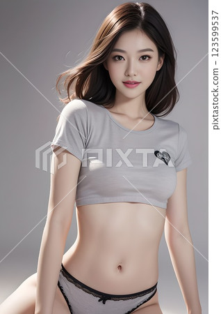 Slim woman wearing a grey crop top and shorts 123599537