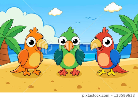 Three funny parrots tourists relax, swim on a tropical island, palm trees 123599638