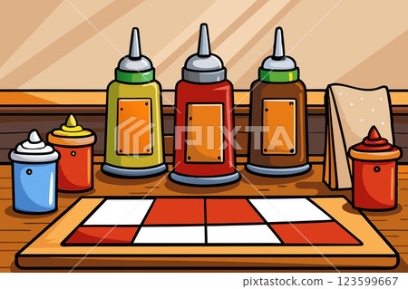 Various spices,sauses on a table in a restaurant Various spices,sauses on a table in a restaurant 123599667