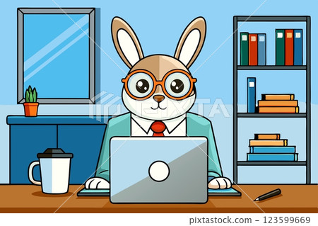 Nice nerdy rabbit with red tie works in the office at the computer 123599669