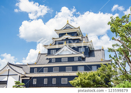 Okayama City, Okayama Prefecture, one of Japan's 100 most famous castles, Okayama Castle tower on a clear day after the major renovation for the Reiwa era Okayama City, Okayama Prefecture, one of Japan's 100 most famous castles, Okayama Castle tower on a clear day after the major renovation for the Reiwa era 123599879