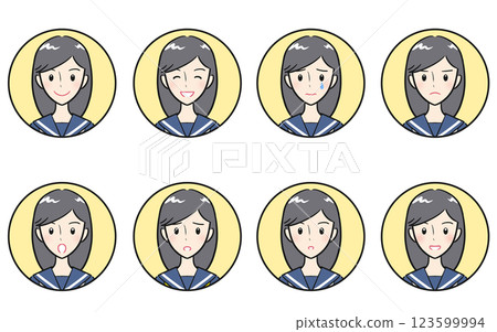 Icon set of female students with various expressions of joy, anger, sadness, and happiness, yellow Icon set of female students with various expressions of joy, anger, sadness, and happiness, yellow 123599994