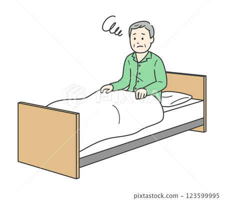 穿著睡衣的老人難以入睡、起床和照顧床 穿著睡衣的老人難以入睡、起床和照顧床 123599995