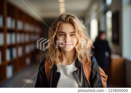 Confident High School Student Smiling Blond Girl with Backpack and Books in Modern Campus Library Setting. created with Generative AI 123600000