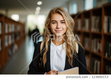 Confident High School Student Smiling Blond Girl with Backpack and Books in Modern Campus Library Setting. created with Generative AI 123600153
