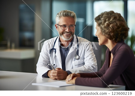 Compassionate Medical Consultation Male Doctor Guides Senior Patient Through Form Filling in Clinic Appointment. created with Generative AI Compassionate Medical Consultation Male Doctor Guides Senior Patient Through Form Filling in Clinic Appointment. created with Generative AI 123600219