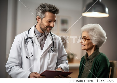 Compassionate Medical Consultation Male Doctor Guides Senior Patient Through Form Filling in Clinic Appointment. created with Generative AI Compassionate Medical Consultation Male Doctor Guides Senior Patient Through Form Filling in Clinic Appointment. created with Generative AI 123600220