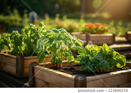 Sustainable Urban Gardening Wooden Raised Beds in Modern Garden Cultivating a Variety of Plants, Herbs, Spices, and Vegetables in a Community Urban. created with Generative AI Sustainable Urban Gardening Wooden Raised Beds in Modern Garden Cultivating a Variety of Plants, Herbs, Spices, and Vegetables in a Community Urban. created with Generative AI 123600250