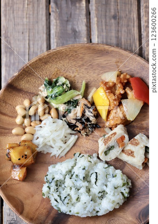 Healthy Japanese one-plate meal with a variety of dishes Healthy Japanese one-plate meal with a variety of dishes 123600266