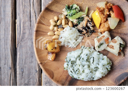 Healthy Japanese one-plate meal with a variety of dishes Healthy Japanese one-plate meal with a variety of dishes 123600267