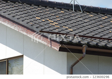 地震震動損壞的陶瓷屋頂瓦 地震震動損壞的陶瓷屋頂瓦 123600296
