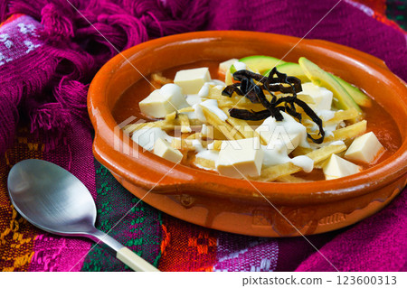 Mexican cuisine Sopa de Tortilla (Sopa Azteca) 123600313