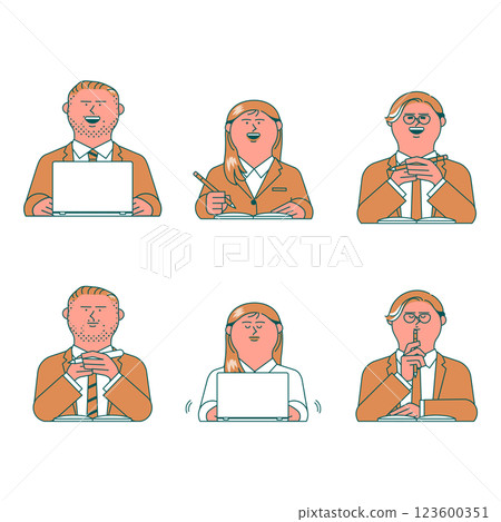 工作男性和女性的一組面部表情 工作男性和女性的一組面部表情 123600351