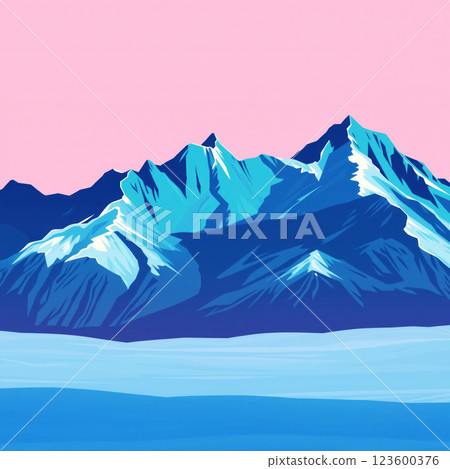 Blue snow-covered mountain range under pink sky. AI generation Blue snow-covered mountain range under pink sky. AI generation 123600376