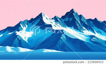 High mountain peaks with snow under pink sky. AI generation High mountain peaks with snow under pink sky. AI generation 123600413