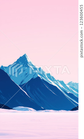 Snow-capped mountain against pink sky. AI generation 123600455