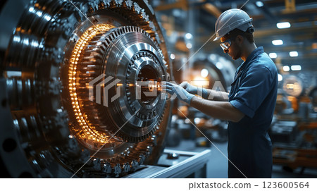 Man operating large industrial machine in factory setting during daytime work shift 123600564
