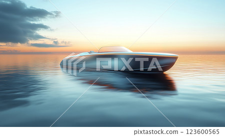 Boat floating in calm water during vibrant sunset with colorful sky and reflection 123600565