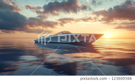 Fishing boat floating on calm water during sunset with reflection and serene atmosphere 123600566