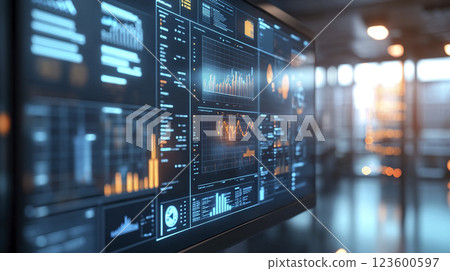 Large display featuring multiple graphs and charts for data analysis and presentation 123600597