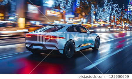 Car driving down a city street illuminated by streetlights at night in an urban setting 123600609