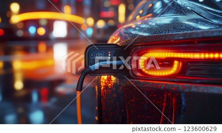 Electric car with charging cable connected to charging station in urban setting 123600629