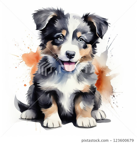 Whimsical Wonder Adorable Border Collie Puppy in Watercolor Style, a Charming Portrait of Playfulness and Intelligence. created with Generative AI 123600679