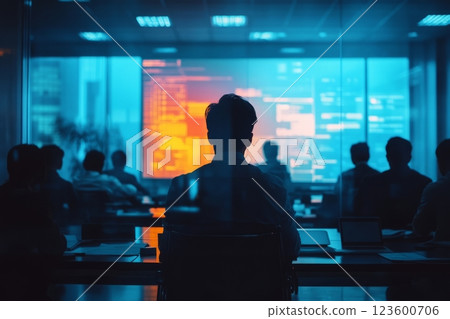Person sitting at a table working on a laptop in a modern indoor environment Person sitting at a table working on a laptop in a modern indoor environment 123600706