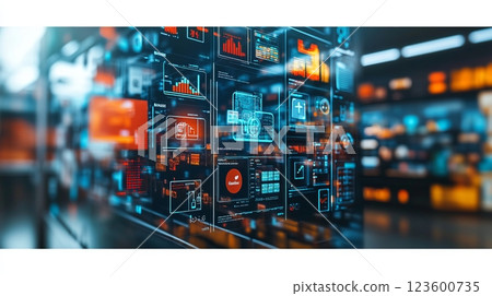 Large digital display with various icons representing different applications and functions 123600735