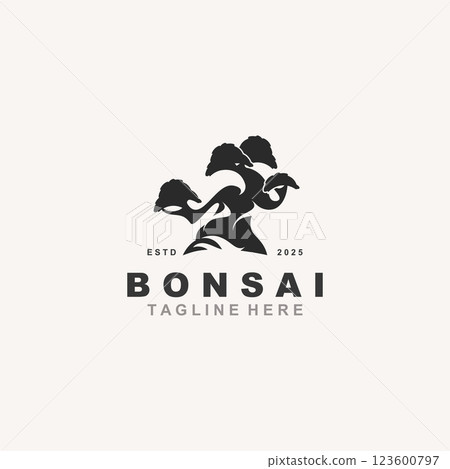 Bonsai Tree Logo Design template. vintage  illustration of aesthetic bonsai plants culture 123600797