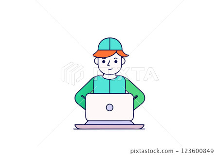Funny guy freelance worker sits at laptop Funny guy freelance worker sits at laptop 123600849
