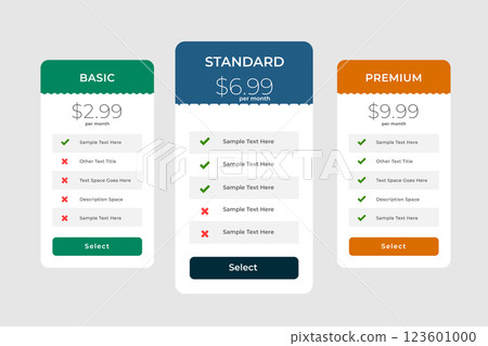 Web Comparision Boxes Plans Product Pricing Card Service Package 123601000