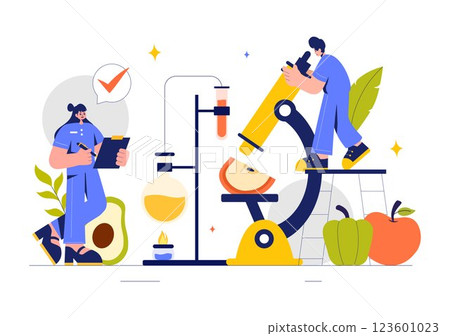 Food Science Illustration featuring Biotechnology for Food Engineering with Chemists Testing Products to Ensure Safety and Analyze Chemical Structures Food Science Illustration featuring Biotechnology for Food Engineering with Chemists Testing Products to Ensure Safety and Analyze Chemical Structures 123601023