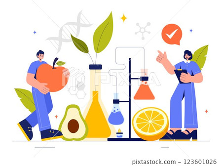 Food Science Illustration featuring Biotechnology for Food Engineering with Chemists Testing Products to Ensure Safety and Analyze Chemical Structures Food Science Illustration featuring Biotechnology for Food Engineering with Chemists Testing Products to Ensure Safety and Analyze Chemical Structures 123601026