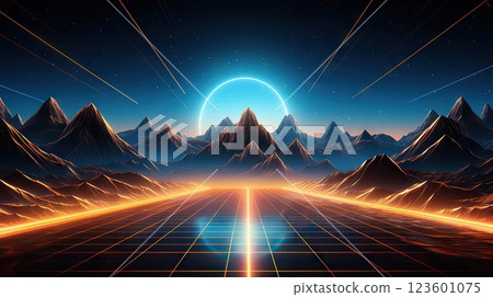 Sunshower Shots Retro 3D Computer Graphics Landscape with Topology Lines, Mountains, Blue and Yellow Neon Colors on a Wide Banner Background. created with Generative AI 123601075