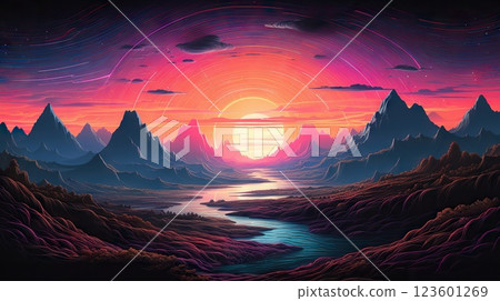 Neon Horizons Synthwave Cyberpunk Landscape with Sun and Mountains - Digital Computer Art, Wide Banner Background. created with Generative AI 123601269