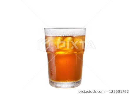 Cold barley tea with ice on a white background 123601752