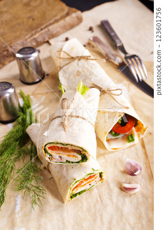 Ham roll with cheese and vegetables Ham roll with cheese and vegetables 123601756