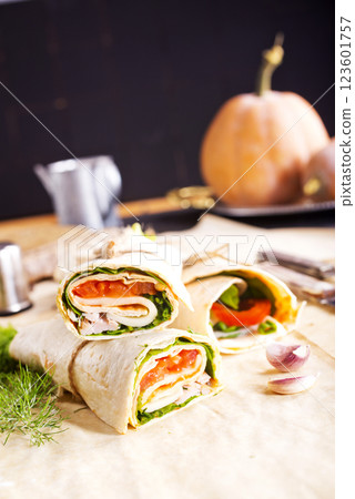 Ham roll with cheese and vegetables Ham roll with cheese and vegetables 123601757