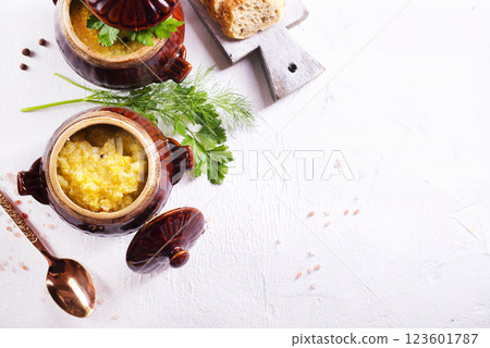 corn porridge with chicken fillet corn porridge with chicken fillet 123601787
