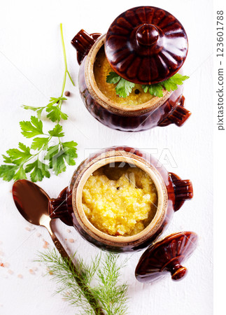 corn porridge with chicken fillet 123601788